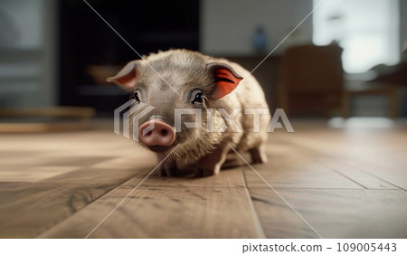 Little Gray Black Mini Baby Pig, Cute Pet Sitting on Floor At Kitchen. Taking Care Of Adorable Piglet. Zoo Shop Or Vet. Happy Baby Animal. AI Generated. Horizontal 109005443