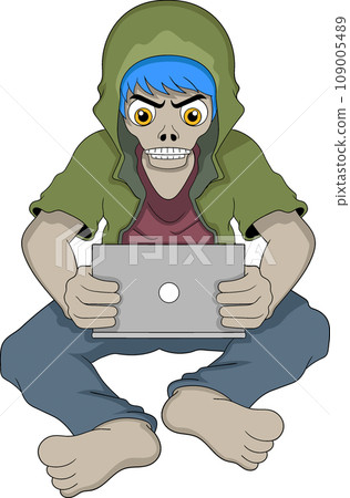 cartoon logo of a zombie man playing on a laptop cartoon logo of a zombie man playing on a laptop 109005489