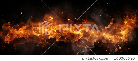 Abstract fire and smoke at night, panoramic banner of burning pattern isolated on black background. Concept of flame, texture, nature, space, gas, inferno, hell 109005580
