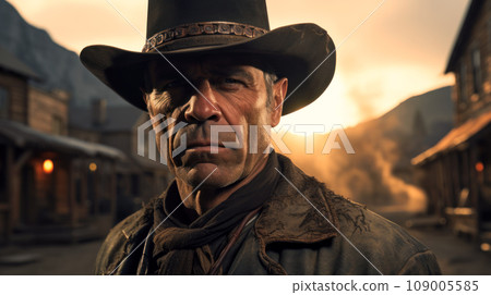 Portrait of cowboy or sheriff in town like in western movie, face of man wearing hat and brown vintage outfit at sunset. Concept of wild west, outlaw, people, character 109005585
