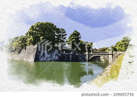 水彩畫風，東京皇居外苑，東京都千代田區皇居正門石橋（女目橋） 109005756