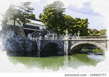 Watercolor painting style, Tokyo Imperial Palace Outer Garden, Imperial Palace Main Gate Ishibashi (Meganebashi), Chiyoda-ku, Tokyo Watercolor painting style, Tokyo Imperial Palace Outer Garden, Imperial Palace Main Gate Ishibashi (Meganebashi), Chiyoda-ku, Tokyo 109005757