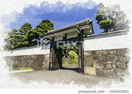 水彩風格東京皇居外花園櫻田門(Komamon)東京千代田區 水彩風格東京皇居外花園櫻田門(Komamon)東京千代田區 109005805