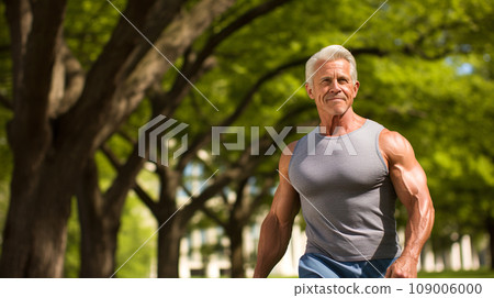 A muscular senior white man training in a park "AI generated image" 109006000