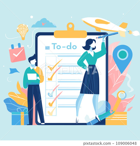Women and Men with pencil marking completed tasks on to-do list. Concept of time management, work planning method,  Vector illustration 109006048