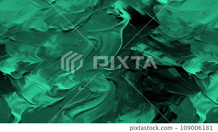 An abstract oil painting with fragments of artwork and paint brush strokes creates a modern and contemporary art background. The painting is highlighted by a beautiful turquoise green color texture. 109006181