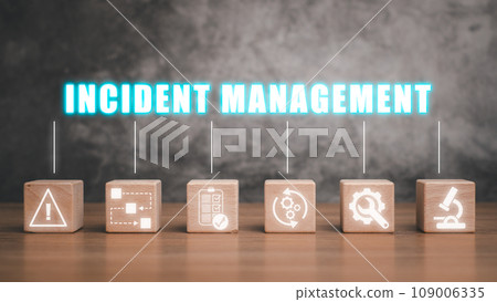 Incident management concept, Wooden block on desk with incident management icon on virtual screen. 109006335