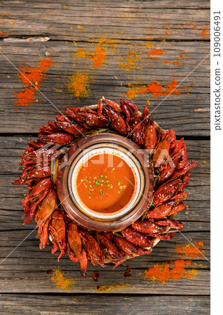 Spicy crayfish platter with chili sauce on rustic wooden background, top view Spicy crayfish platter with chili sauce on rustic wooden background, top view 109006491