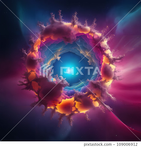 A colorful digital illustration of a fractal in space. 109006912