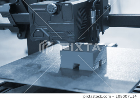 3D printer printing object close-up. Process creating three-dimensional model on 3d printer. Additive printer technology. 3D Prototyping. 3D design modeling. New modern innovation printing technology 109007114