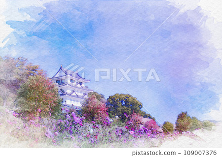 [Watercolor painting] Asahi Castle and cosmos in Owariasahi City, Aichi Prefecture 109007376