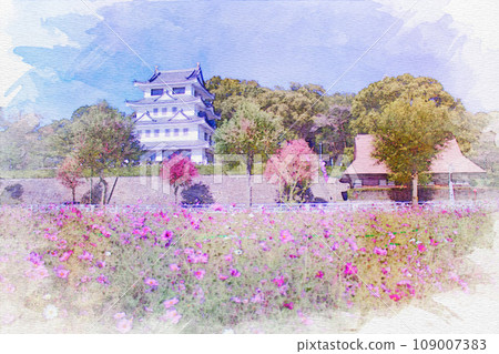 【水彩畫】愛知縣尾張旭市的旭城與宇宙 【水彩畫】愛知縣尾張旭市的旭城與宇宙 109007383
