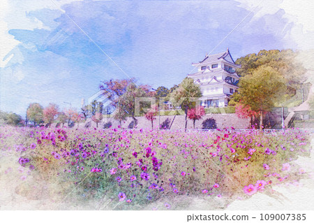 【水彩畫】愛知縣尾張旭市的旭城與宇宙 【水彩畫】愛知縣尾張旭市的旭城與宇宙 109007385