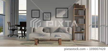 Interior design of a modern Scandinavian living room with a cosy couch, a coffee table on a carpet. Interior design of a modern Scandinavian living room with a cosy couch, a coffee table on a carpet. 109007420