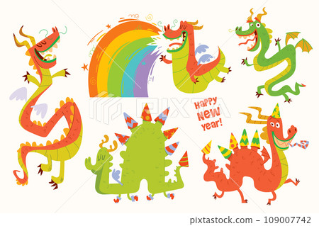 Dragon year. Happy New Year. Set colorful cartoon characters 109007742
