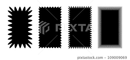 Zig zag edge rectangular shapes collection. Jagged rectangle patches set. Black graphic design elements for decoration, banner, poster, template, sticker, badge, collage, label. Vector illustration Zig zag edge rectangular shapes collection. Jagged rectangle patches set. Black graphic design elements for decoration, banner, poster, template, sticker, badge, collage, label. Vector illustration 109009069