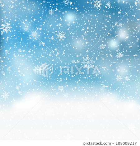 Natural Winter Christmas background with sky, heavy snowfall, snowflakes in different shapes and forms, snowdrifts. Vector 109009217