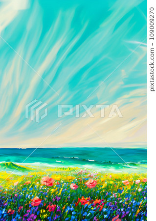 Illustration of a landscape seen from a flower garden along the coast Illustration of a landscape seen from a flower garden along the coast 109009270