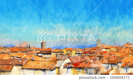 Illustration of a town with a tower 109009271