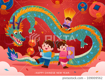 Dragon and children celebrating CNY Dragon and children celebrating CNY 109009562
