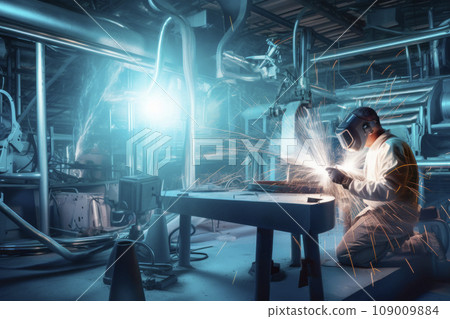 Masked welder works as welding machine at modern factory with the rest of the silver-colored machines Masked welder works as welding machine at modern factory with the rest of the silver-colored machines 109009884