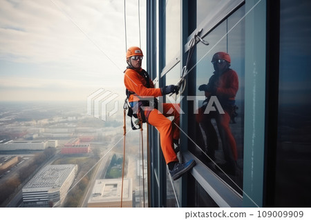 High-altitude climber. The profession of working at height. An industrial climber works on a skyscraper is attached by insurance for safety. Ai. 109009909