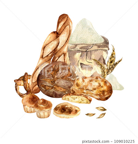 Watercolor illustration of variety bread and craft bag with flour isolated on white. Hand drawn compositions of ciabatta, baguette, pitta. Painted rye bread. Element for design bakeshop, packaging 109010225