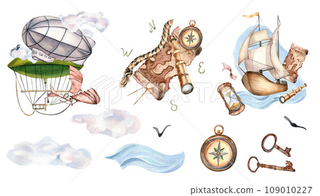 Watercolor set with dirigible, airship and ship in pastel colors. Hand painted sailboat isolated on white background. Childish design elements for boy room, wallpaper. Adventure items hand drawn 109010227