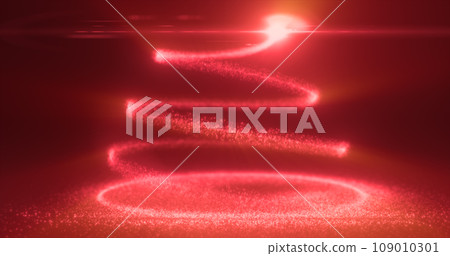 Abstract red flying line of dots and luminous particles of energetic magical bright spirals in the shape of a Christmas New Year tree Abstract red flying line of dots and luminous particles of energetic magical bright spirals in the shape of a Christmas New Year tree 109010301