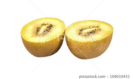 Halves of kiwi fruit on white background 109010431
