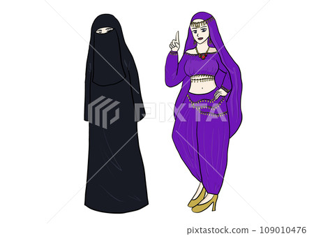 An Arab woman wearing a chador and an Arabian Nights-style woman 109010476