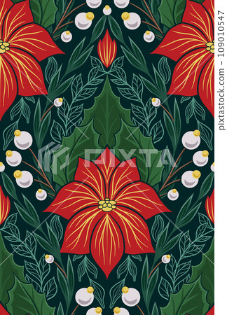 Vector decorative holiday pattern with poinsettia flowers. Seamless tracery texture with Christmas flower starts with foliage, Vector decorative holiday pattern with poinsettia flowers. Seamless tracery texture with Christmas flower starts with foliage, 109010547