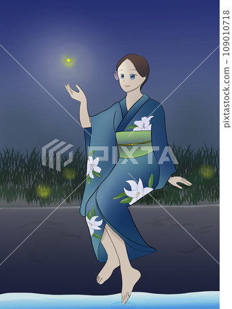 河邊的螢火蟲給身著浴衣的女子留下了深刻的印象 河邊的螢火蟲給身著浴衣的女子留下了深刻的印象 109010718