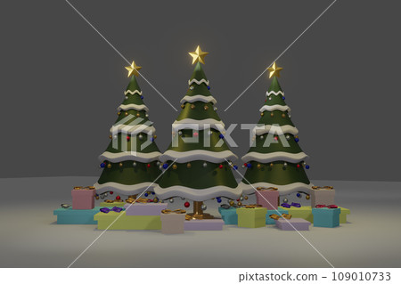 Christmas tree with decrorate items and giftbox.3D render 109010733