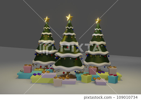 Christmas tree with decrorate items and giftbox.3D render 109010734