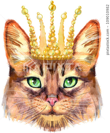 Lovely closeup portrait in pastel colors of Somali cat in golden crown. Hand drawn watercolor painting on white background Lovely closeup portrait in pastel colors of Somali cat in golden crown. Hand drawn watercolor painting on white background 109010982