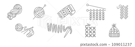 Hand Drawn Knitting Item with Yarn, Hat and Scarf Vector Set 109011237