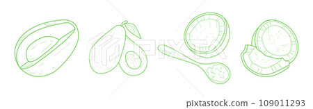Hand Drawn Avocado and Coconut as Healthy Natural Product Vector Set 109011293
