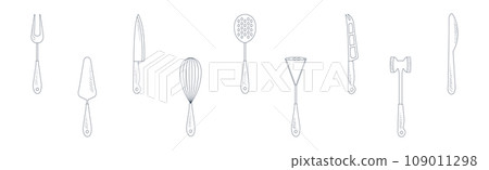 Various Kitchen Tools and Equipment for Cooking Linear Vector Set 109011298