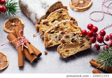 Christmas stollen with winter holidays decoration. 109011355