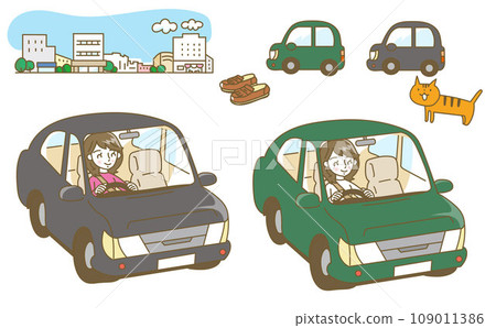 Illustration set of women driving a car Illustration set of women driving a car 109011386