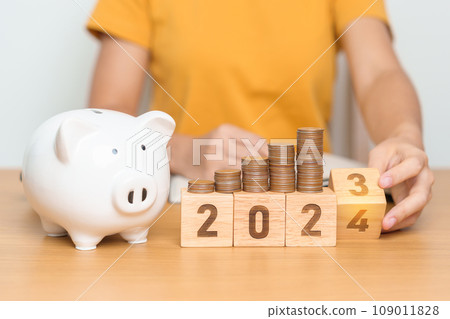 Happy New Year with piggy bank and flipping 2023 change to 2024 block. Resolution, Goals, Plan, Action, Money Saving, Retirement fund, Pension, Investment and Financial concept 109011828