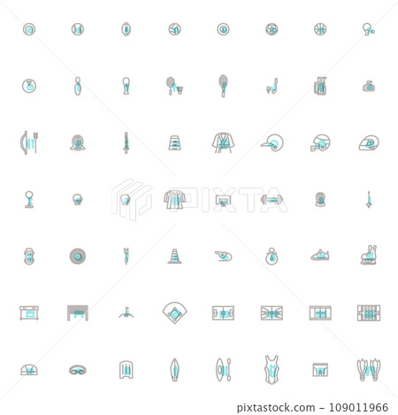 Simple sports equipment outline icon set light blue Simple sports equipment outline icon set light blue 109011966