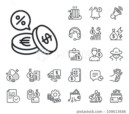 Banking currency sign. Cash money, loan and mortgage outline icons. Coins money line icon. Euro and Dollar Cash symbols. Cashback service. Currency exchange line sign. Vector Banking currency sign. Cash money, loan and mortgage outline icons. Coins money line icon. Euro and Dollar Cash symbols. Cashback service. Currency exchange line sign. Vector 109013686