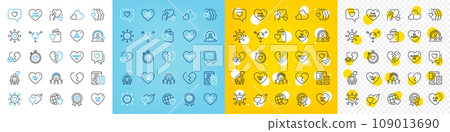 Vector icons set of Social media, Friends couple and Inclusion line icons pack for web with Friends world, Care, Hold heart outline icon. Break up, Heart, Love award pictogram. Vector 109013690