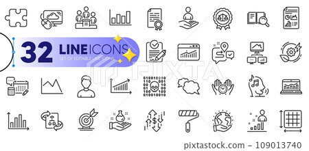 Outline set of Binary code, Website statistics and Work home line icons for web with Messenger, Headshot, Puzzle thin icon. Certificate diploma, Square area, Line chart pictogram icon. Vector Outline set of Binary code, Website statistics and Work home line icons for web with Messenger, Headshot, Puzzle thin icon. Certificate diploma, Square area, Line chart pictogram icon. Vector 109013740