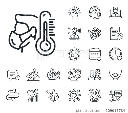 Temperature thermometer sign. Online doctor, patient and medicine outline icons. Sick man with mask line icon. Flu illness symbol. Sick man line sign. Veins, nerves and cosmetic procedure icon. Vector Temperature thermometer sign. Online doctor, patient and medicine outline icons. Sick man with mask line icon. Flu illness symbol. Sick man line sign. Veins, nerves and cosmetic procedure icon. Vector 109013784