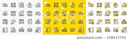 Outline Balcony, Arena stadium and Home insurance line icons pack for web with Realtor, Food market, Entrance line icon. Lighthouse, House dimension, Night city pictogram icon. Market. Vector 109013793
