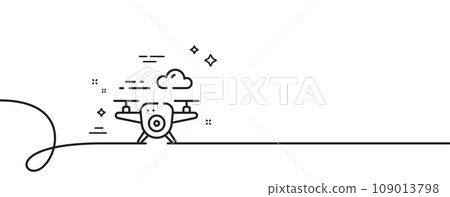 Drone line icon. Continuous one line with curl. Video quadcopter sign. Flying spy robot symbol. Drone single outline ribbon. Loop curve pattern. Vector Drone line icon. Continuous one line with curl. Video quadcopter sign. Flying spy robot symbol. Drone single outline ribbon. Loop curve pattern. Vector 109013798