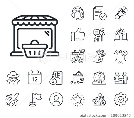Shopping cart sign. Salaryman, gender equality and alert bell outline icons. Online market line icon. Retail marketplace symbol. Online market line sign. Spy or profile placeholder icon. Vector Shopping cart sign. Salaryman, gender equality and alert bell outline icons. Online market line icon. Retail marketplace symbol. Online market line sign. Spy or profile placeholder icon. Vector 109013843
